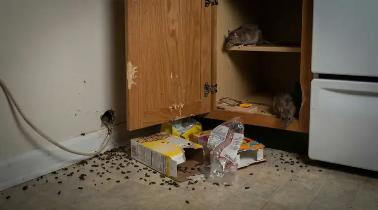 Due roditori all'interno di un mobile della cucina con cibo sparso e escrementi sul pavimento