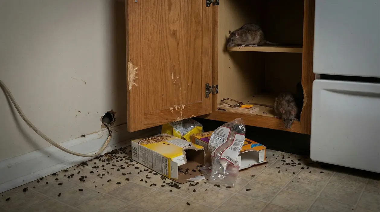 Due roditori all'interno di un mobile della cucina con cibo sparso e escrementi sul pavimento