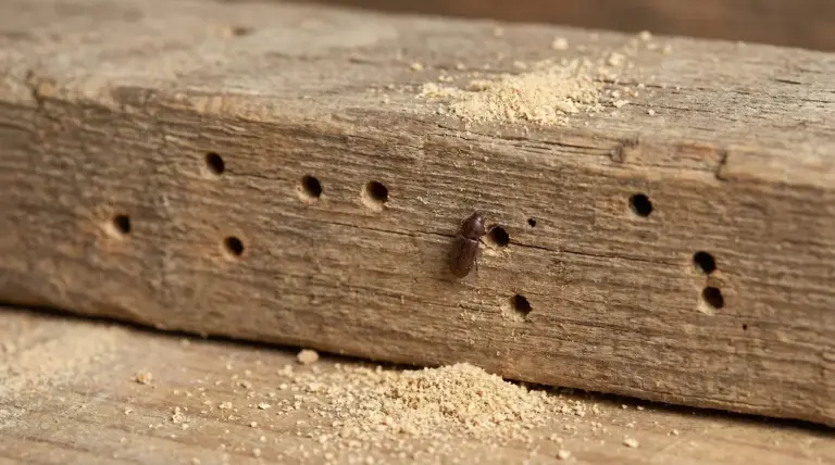 Tronco di legno con fori e segatura provocati da un insetto del legno