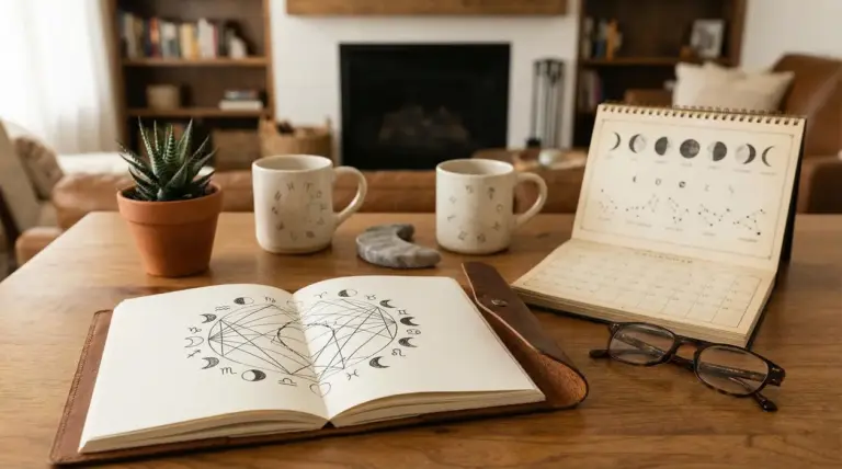 Tavolo con oggetti legati all'astrologia: tazze, libro aperto, calendario lunare e pianta in vaso