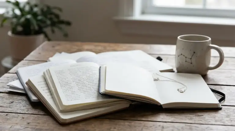 Taccuini aperti con appunti scritti a mano, una tazza con costellazioni e una collana su un tavolo in legno