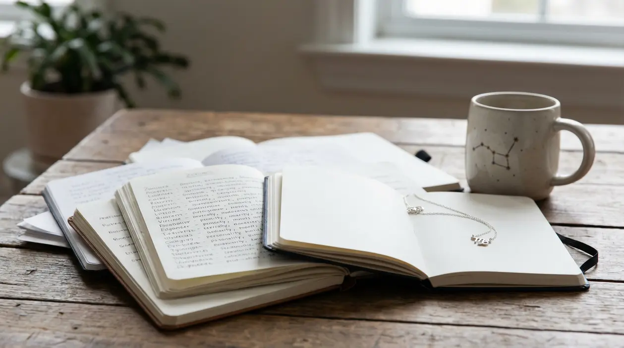 Taccuini aperti con appunti scritti a mano, una tazza con costellazioni e una collana su un tavolo in legno