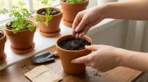 Mani che seminano prezzemolo in un vaso di terracotta accanto a piantine già cresciute
