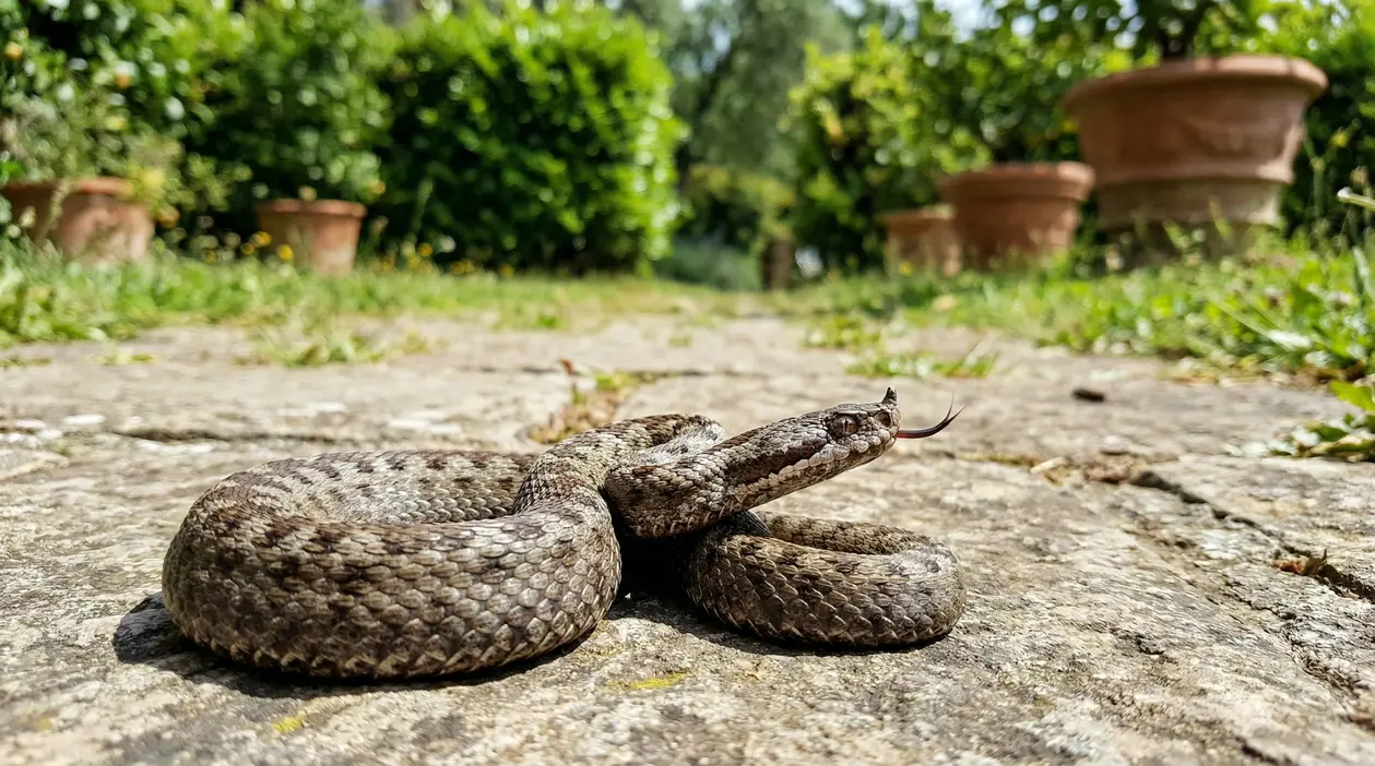 Un serpente visibile su un sentiero in giardino, tra piante in vaso