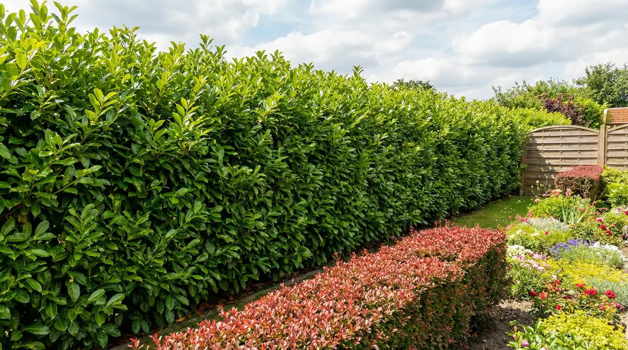 Siepe verde folta e ordinata in un giardino ben curato con fiori colorati
