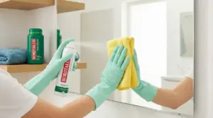 Persona con guanti che pulisce uno specchio con spray Borotalco e panno giallo
