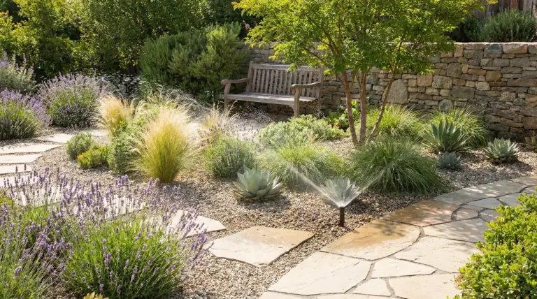 Giardino a bassa manutenzione con piante resistenti, vialetto in pietra e irrigazione automatica