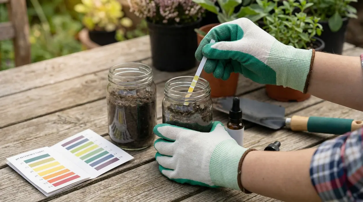 Persona con guanti da giardinaggio esegue un test del pH del terreno con una striscia reattiva