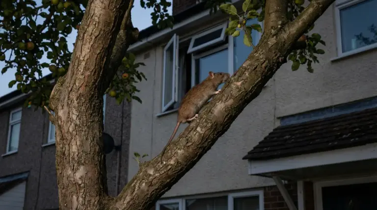 Un topo si arrampica su un albero vicino alla finestra di una casa.