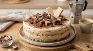 Torta fredda con crema al caffè e decorazione di wafer su un piatto in cucina