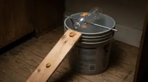 Trappola fai da te per topi con secchio, bottiglia di plastica e burro di arachidi