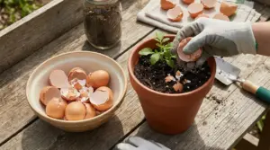 Gusci d'uovo utilizzati come fertilizzante in un vaso da giardino