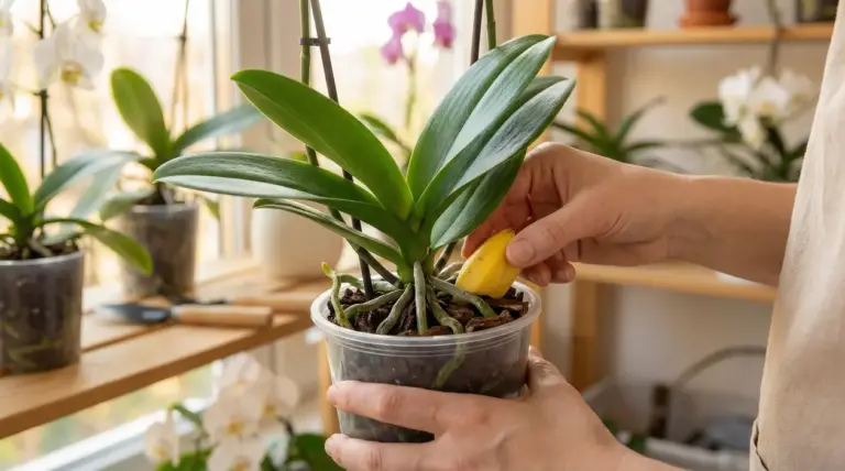Mani che inseriscono un pezzo di banana nel vaso di un'orchidea in casa