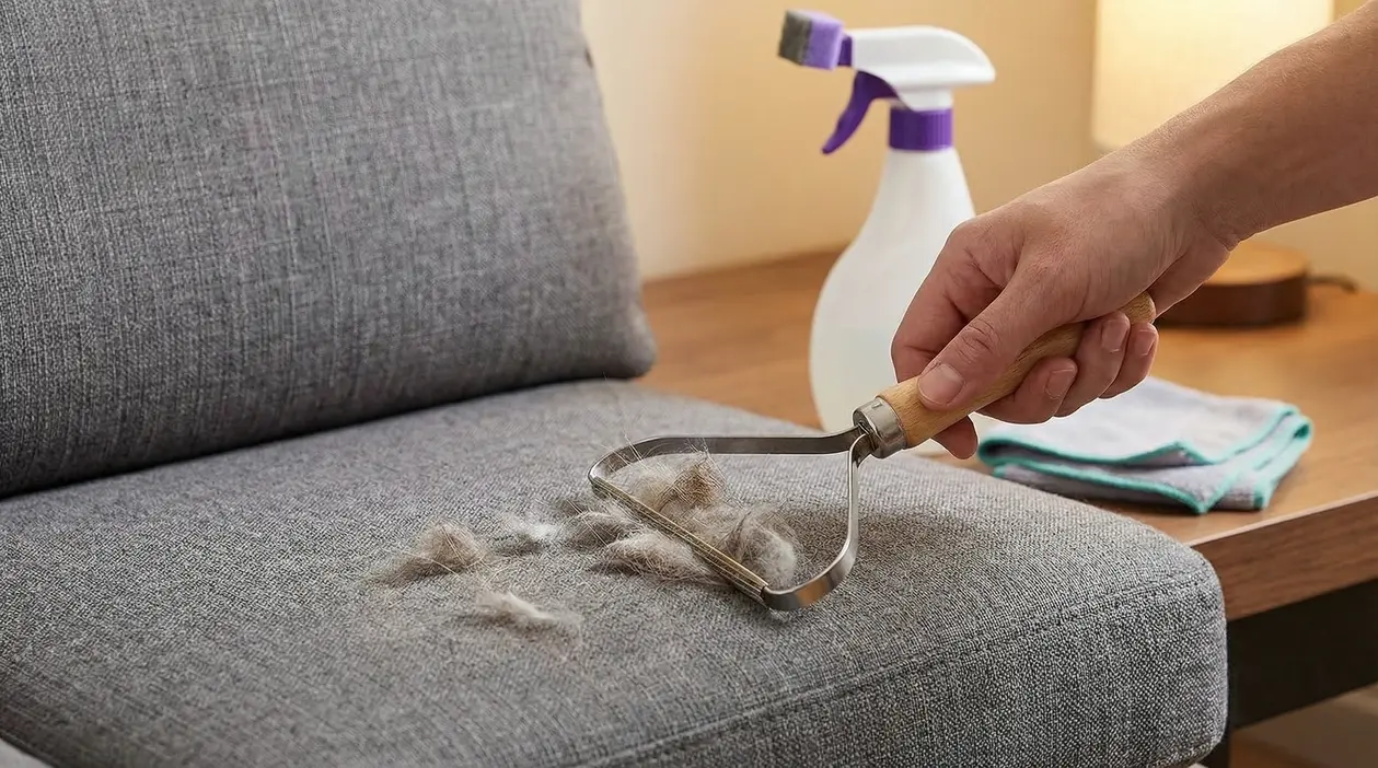 Mano che rimuove peli da un divano con uno strumento per la pulizia