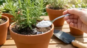 Una mano versa bicarbonato nel vaso di una pianta in giardino