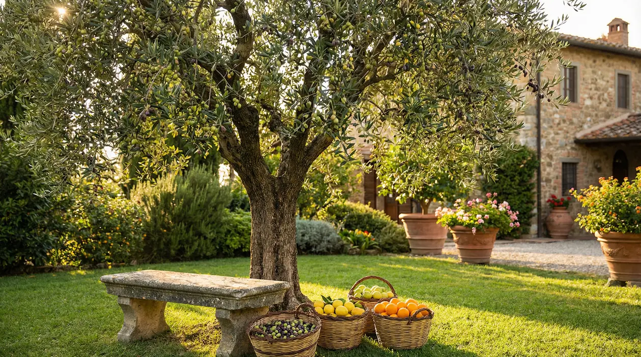 Albero di ulivo in giardino con cesti di frutta alla base