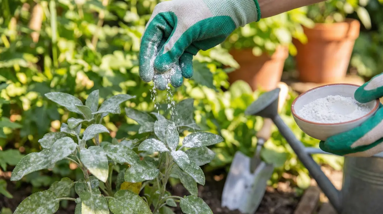 Una mano con guanto da giardinaggio sparge bicarbonato su una pianta in un orto domestico