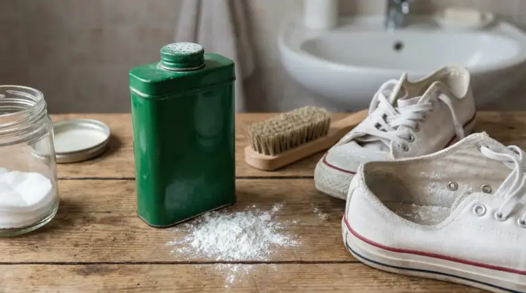 Scarpe da ginnastica bianche con borotalco su un tavolo di legno accanto a un contenitore verde