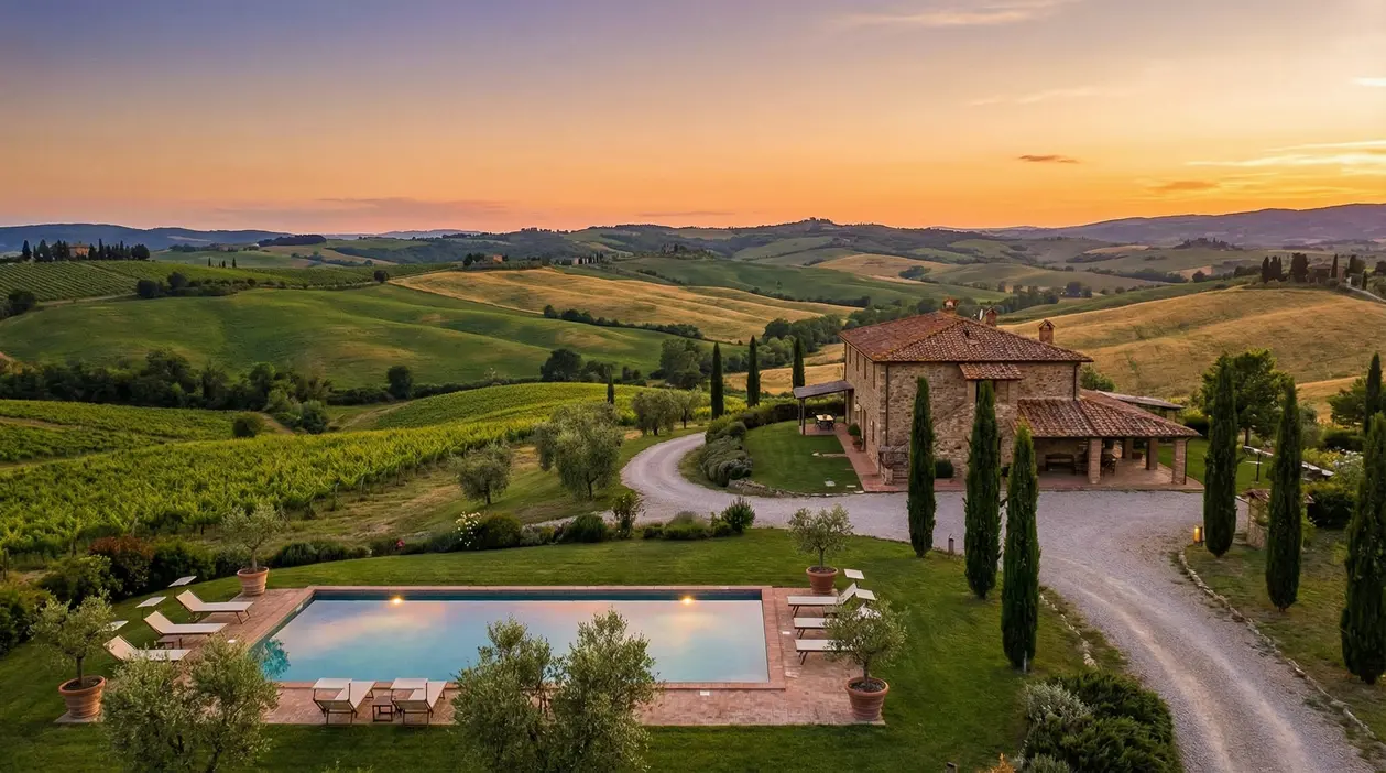 Casale in pietra con piscina tra le colline verdi della campagna toscana al tramonto