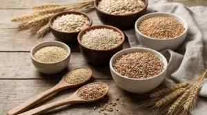Ciotole e cucchiai in legno con diversi tipi di cereali su un tavolo rustico