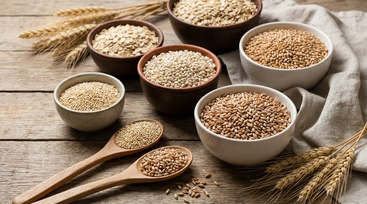 Ciotole e cucchiai in legno con diversi tipi di cereali su un tavolo rustico