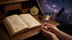 Mani che tengono una pietra a forma di cuore vicino a un libro aperto con segni zodiacali