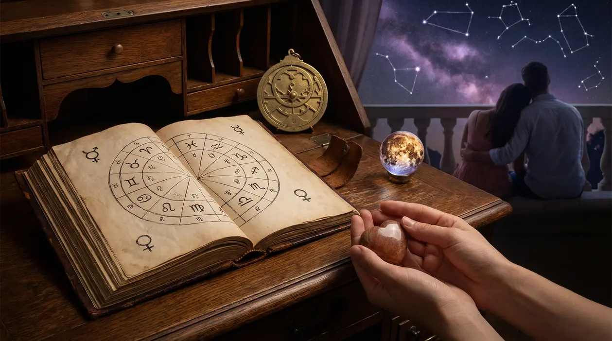 Mani che tengono una pietra a forma di cuore vicino a un libro aperto con segni zodiacali