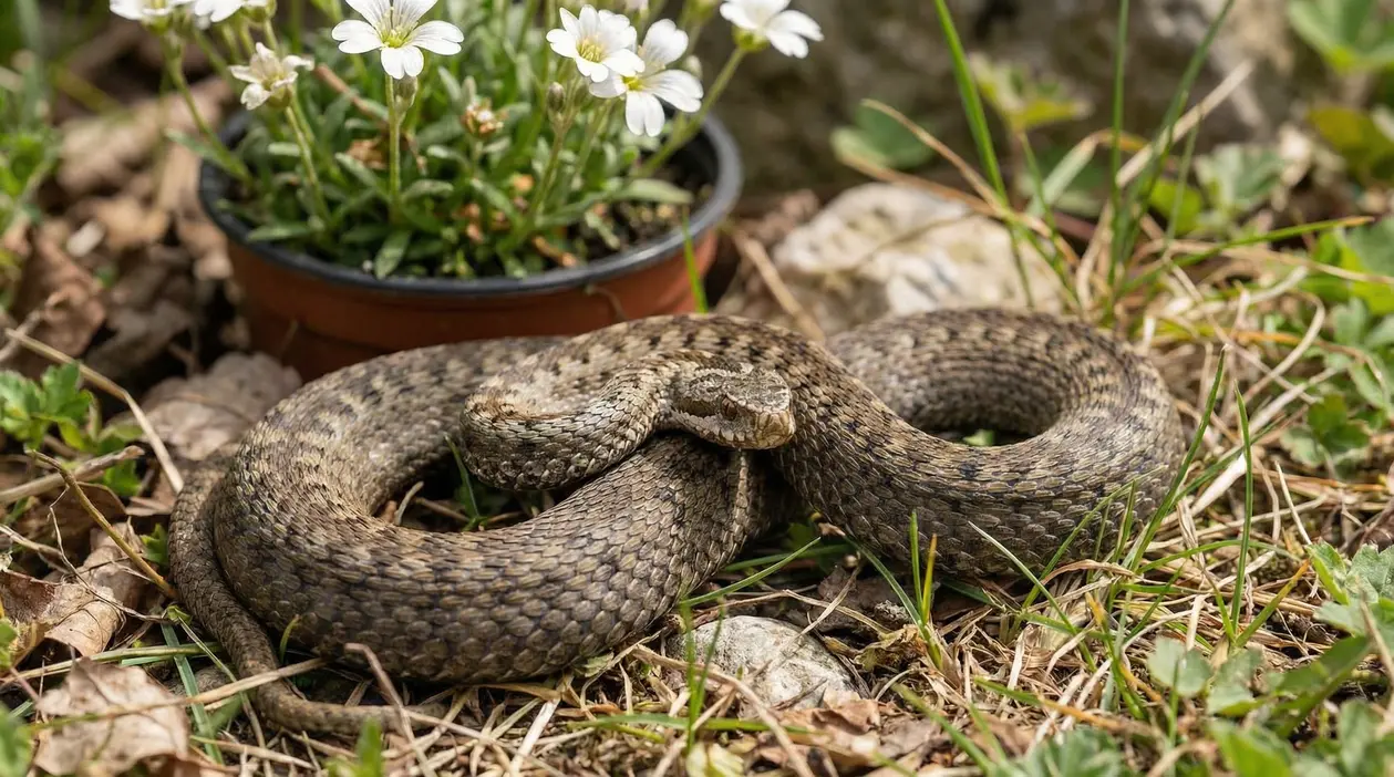 Vipera arrotolata tra l'erba vicino a un vaso di fiori in giardino