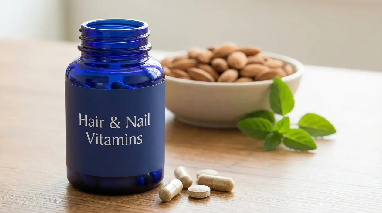 Integratore per unghie e capelli con capsule su un tavolo accanto a mandorle e foglie verdi