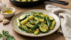 Piatto di zucchine saltate con aglio e prezzemolo su un tavolo in legno